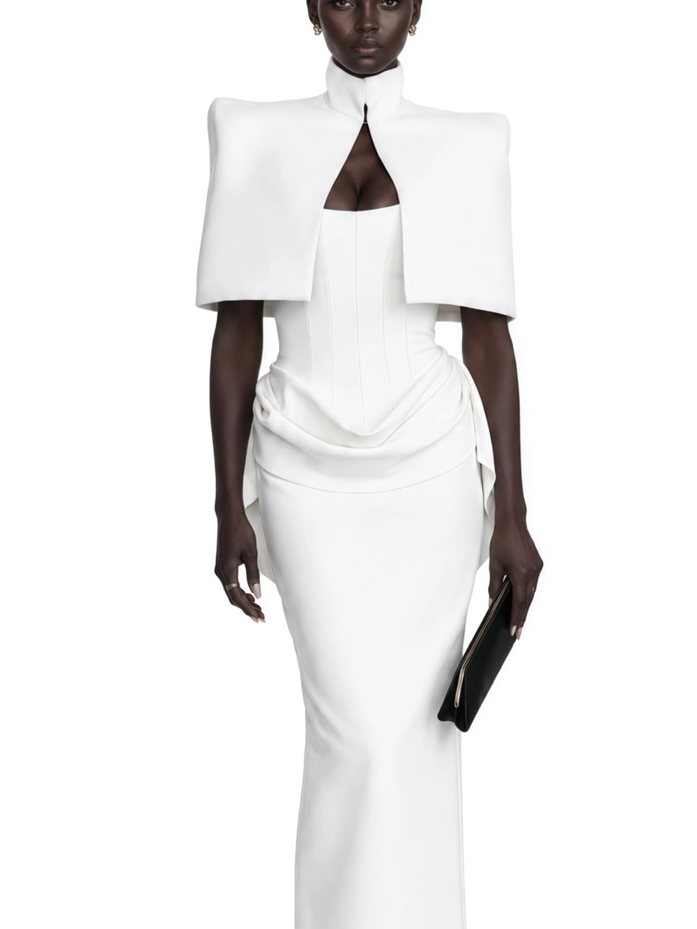 White Structured Cape Maxi Dress with Draped Waist